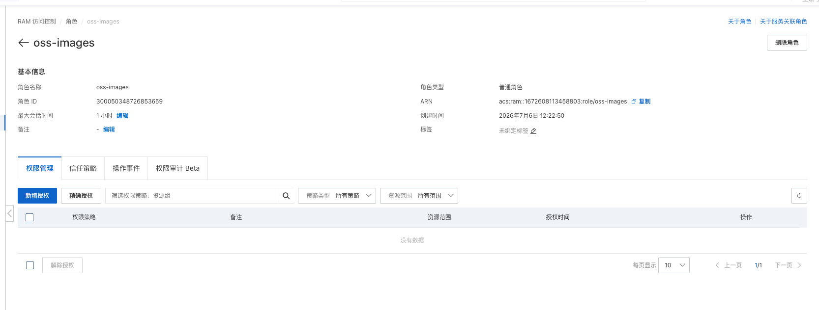 阿里云 RAM 角色详情新增授权